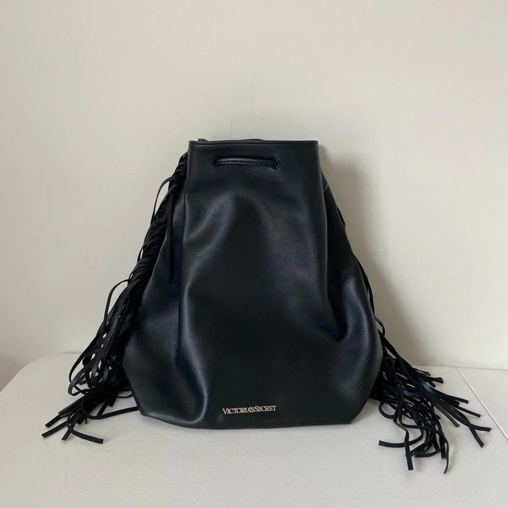 NEW Victoria’s Secret faux‎ leather black fringe tassel backpack purse bag